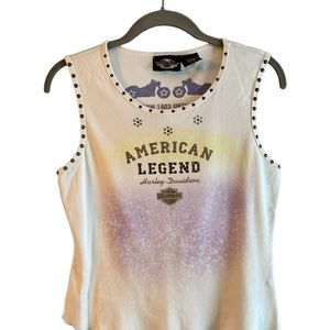 Vintage Harley Davidson American Legend Studded And Rhinestone White Tank Top